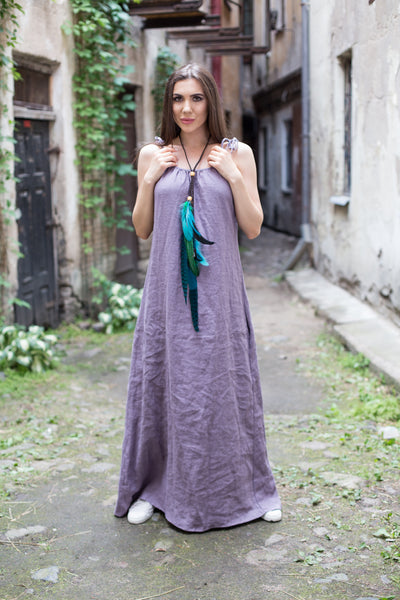 long purple linen dress with open shoulders