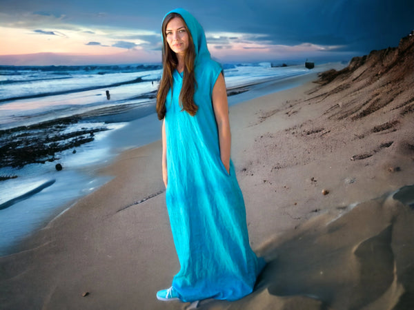 TURQUOISE BLUE LINEN WATERFALL DRESS – PeuPeu