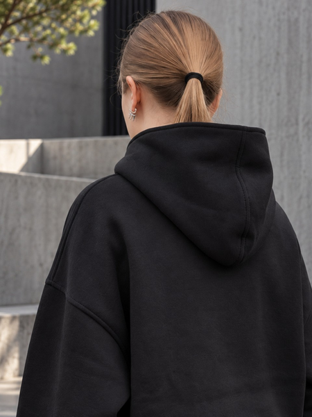 BLACK SHORTER FIT HOODIE