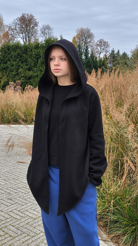 Black Hooded Sweatshirt Jacket – Oversized, Asymmetric Design