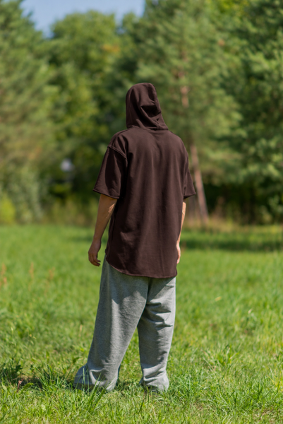 BROWN SHORT SLEEVE LONG HOODIE
