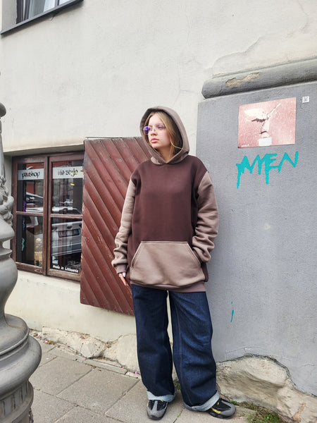 Unisex Oversized Hoodie – Cotton Blend, Two-Tone Brown
