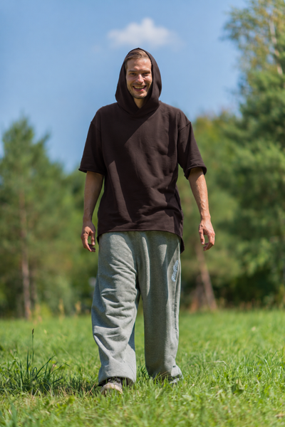 BROWN SHORT SLEEVE LONG HOODIE