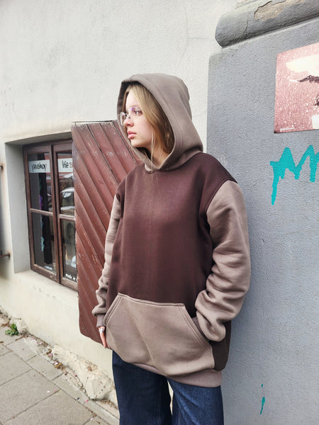 Unisex Oversized Hoodie – Cotton Blend, Two-Tone Brown
