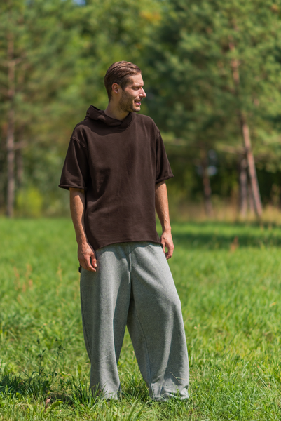BROWN SHORT SLEEVE LONG HOODIE