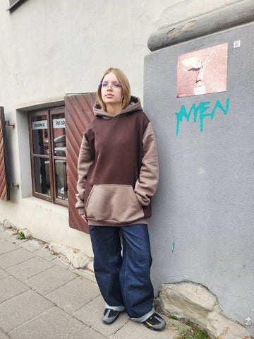 Unisex Oversized Hoodie – Cotton Blend, Two-Tone Brown