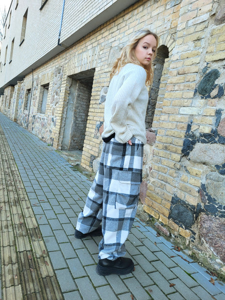 Tartan black and white pants with a plaid pattern