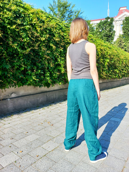 HIGH WAISTED EMERALD GREEN LINEN PANTS FOR WOMEN