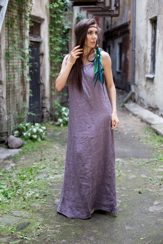 long purple linen dress with open shoulders