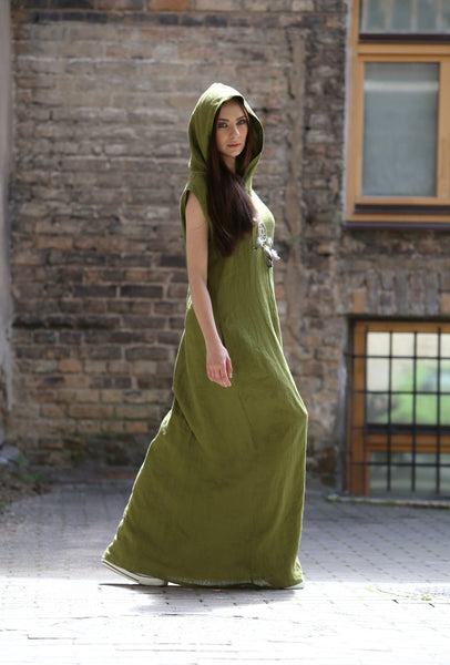 MOSS GREEN WATERFALL LINEN DRESS PeuPeu MOSS GREEN WATERFALL LINEN DRESS PeuPeu